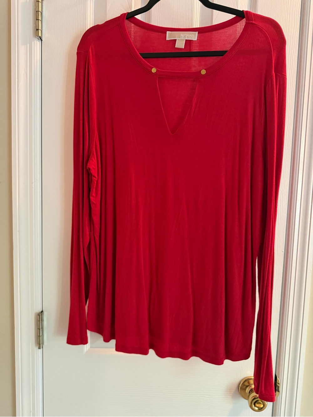 Michael Kors Bright Red Long Sleeve V-Neck Top with Gold Accent